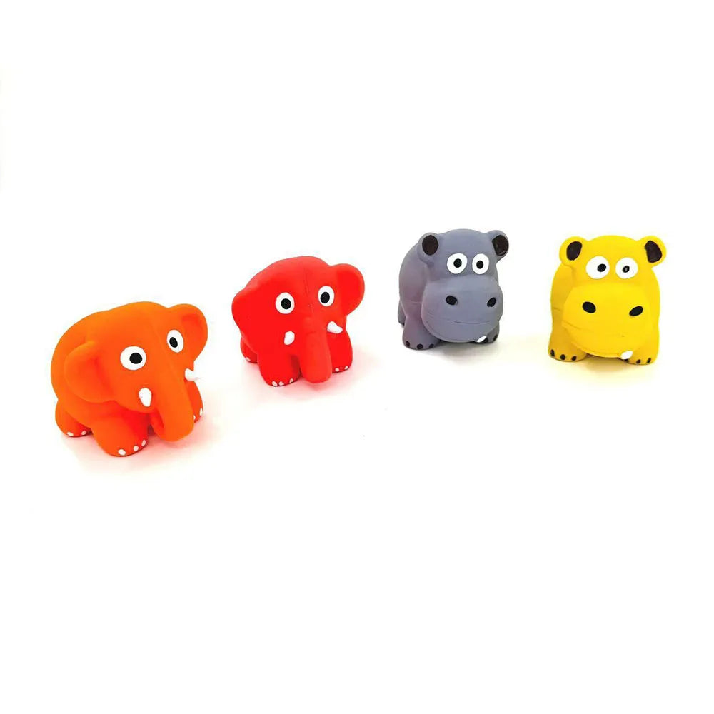 Three rubber toys shaped like animals: an orange elephant, a red bear, and a gray elephant.