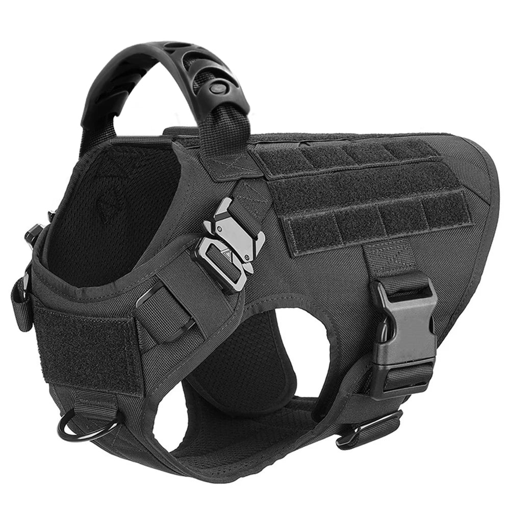 Black tactical dog harness with a MOLLE system and leash attachments