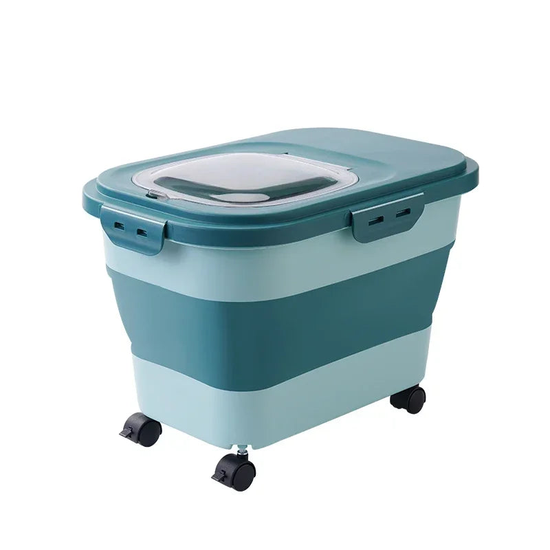 A light blue collapsible airtight pet food storage container with a sealed lid and striped design.