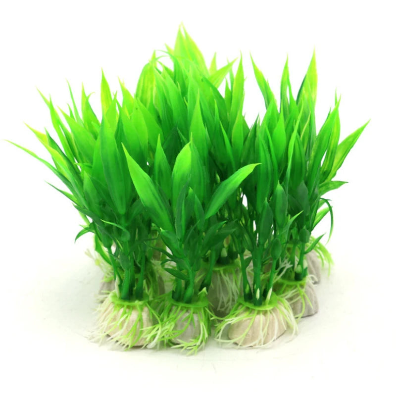 A clump of bright green artificial aquarium water plants