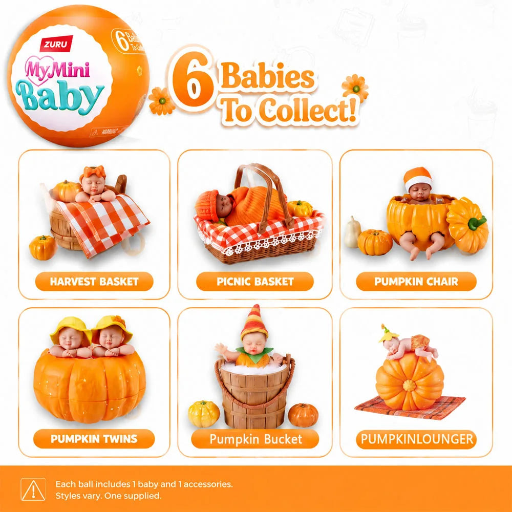 A blind box featuring six baby dolls in pumpkin themed accessories like a basket, chair, and lounger.