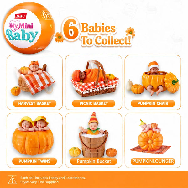 A blind box featuring six baby dolls in pumpkin themed accessories like a basket, chair, and lounger.
