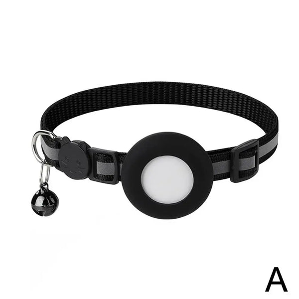 Black reflective cat collar with a circular white AirTag case and a black strap.