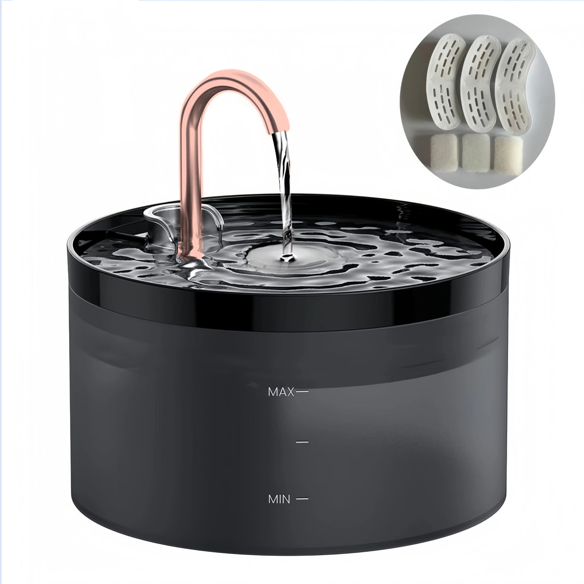 A black automatic pet water fountain with a rose gold spout and a set of silicone cleaning parts.