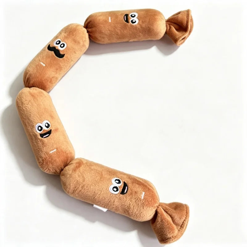 A curved arrangement of brown plush sausage-shaped squeaky dog toys with black facial features.