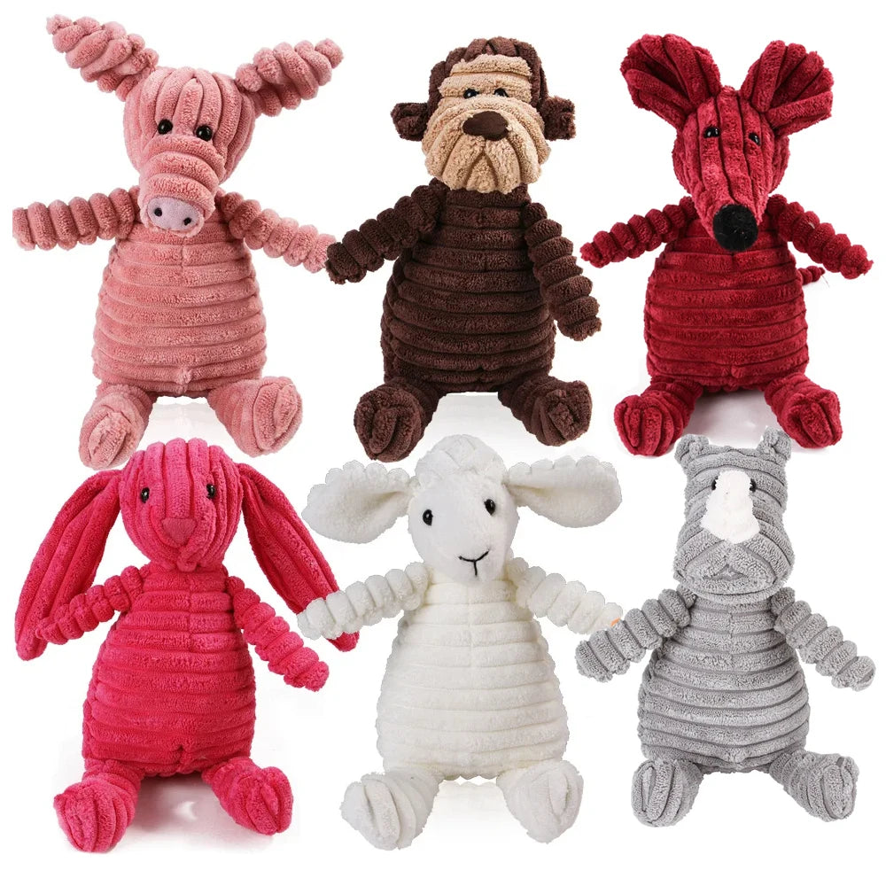 Collection de jouets pour chiens en peluche de différentes couleurs (rose, marron, rouge et gris) pour l'entretien dentaire.