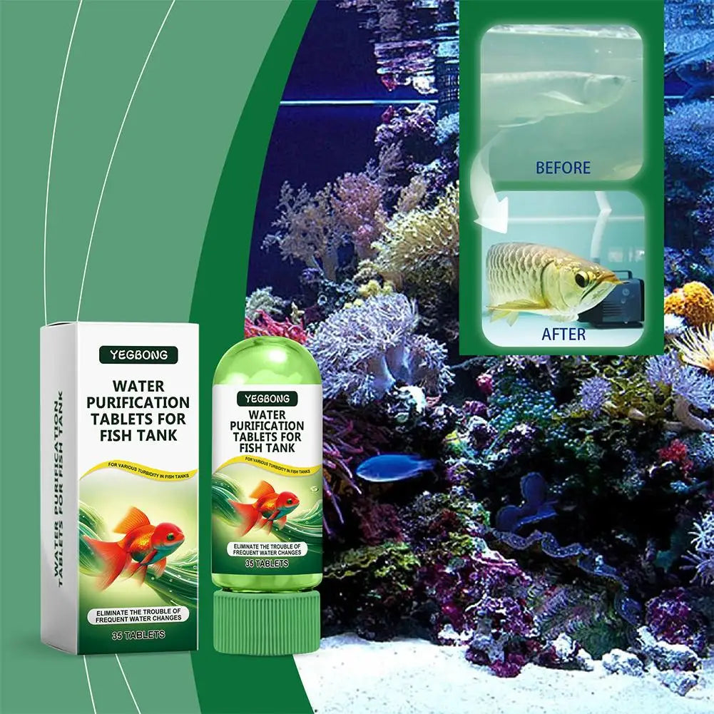 Yegbong water purification tablets for fish tank shown with before and after results in an aquarium setting