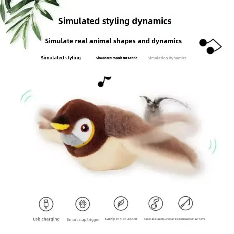 A small, realistic bird toy with brown and white feathers is shown alongside icons for USB charging, smart slap trigger, and 