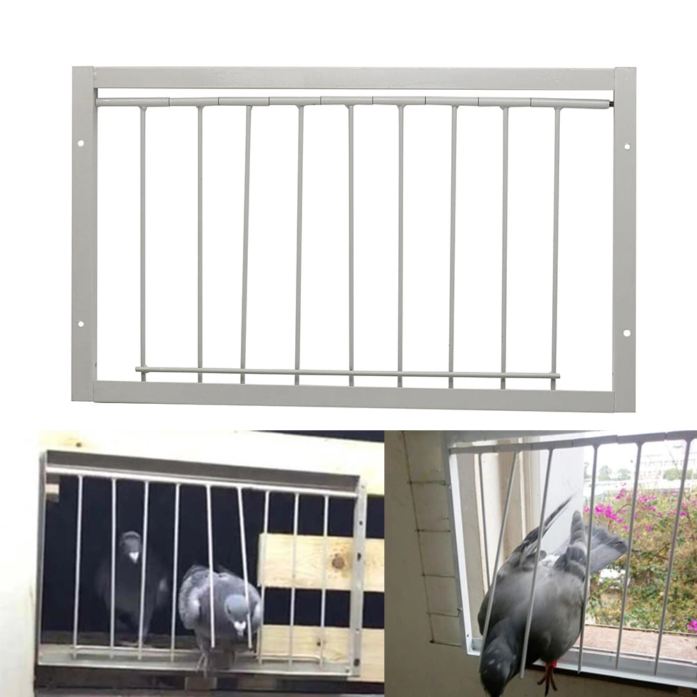 Stainless steel pigeon loft trap door with vertical bars and a horizontal bar for entry