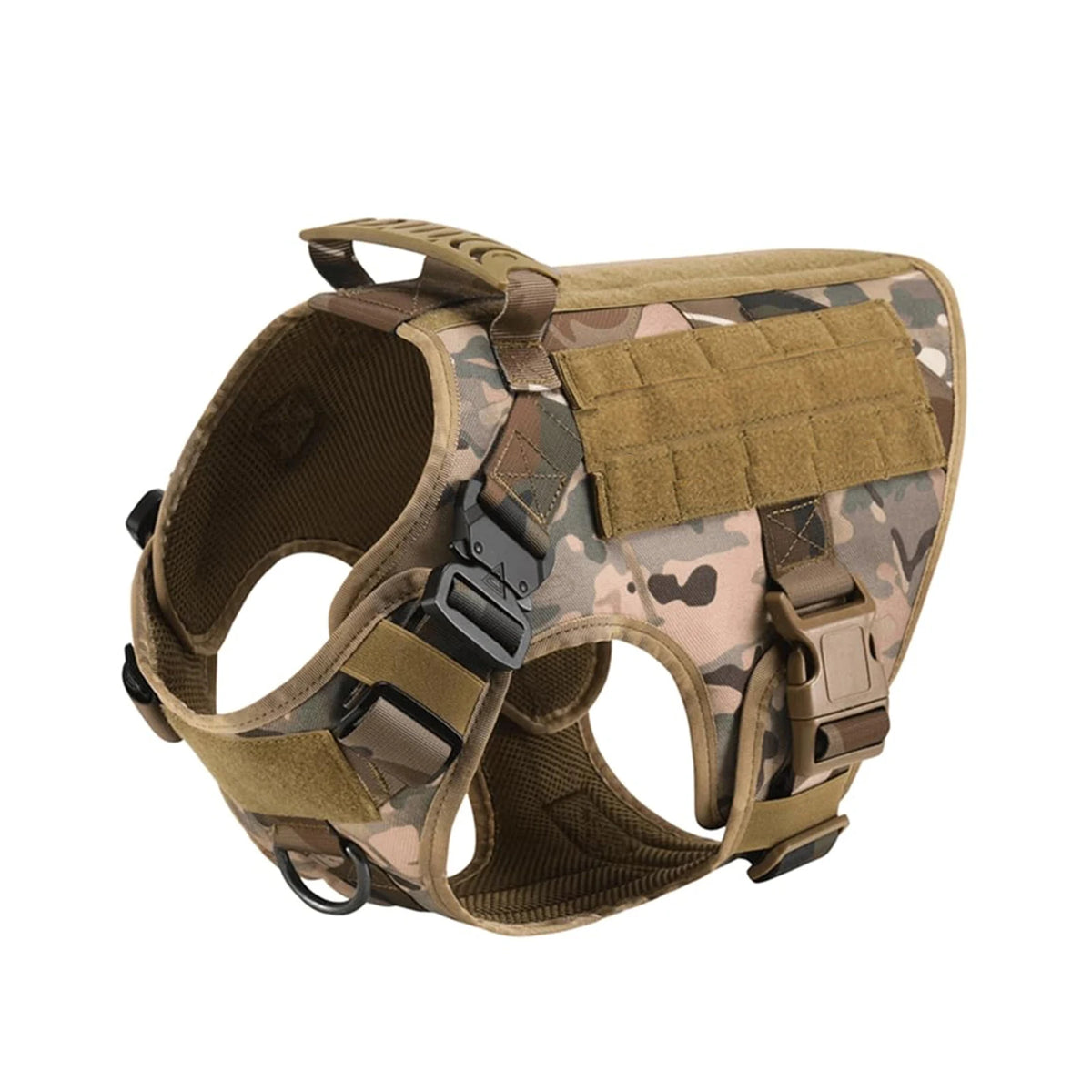 A tactical dog harness set featuring a collar, harness, and leash with MOLLE pouches for large breeds.