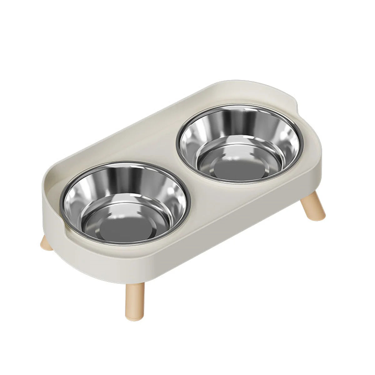 Ensemble de deux bols à nourriture pour animaux de compagnie beige clair avec deux bols en acier inoxydable.