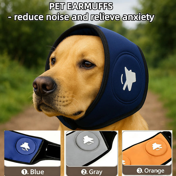 Three colored dog earmuffs blue gray and orange shown on a dog's head.