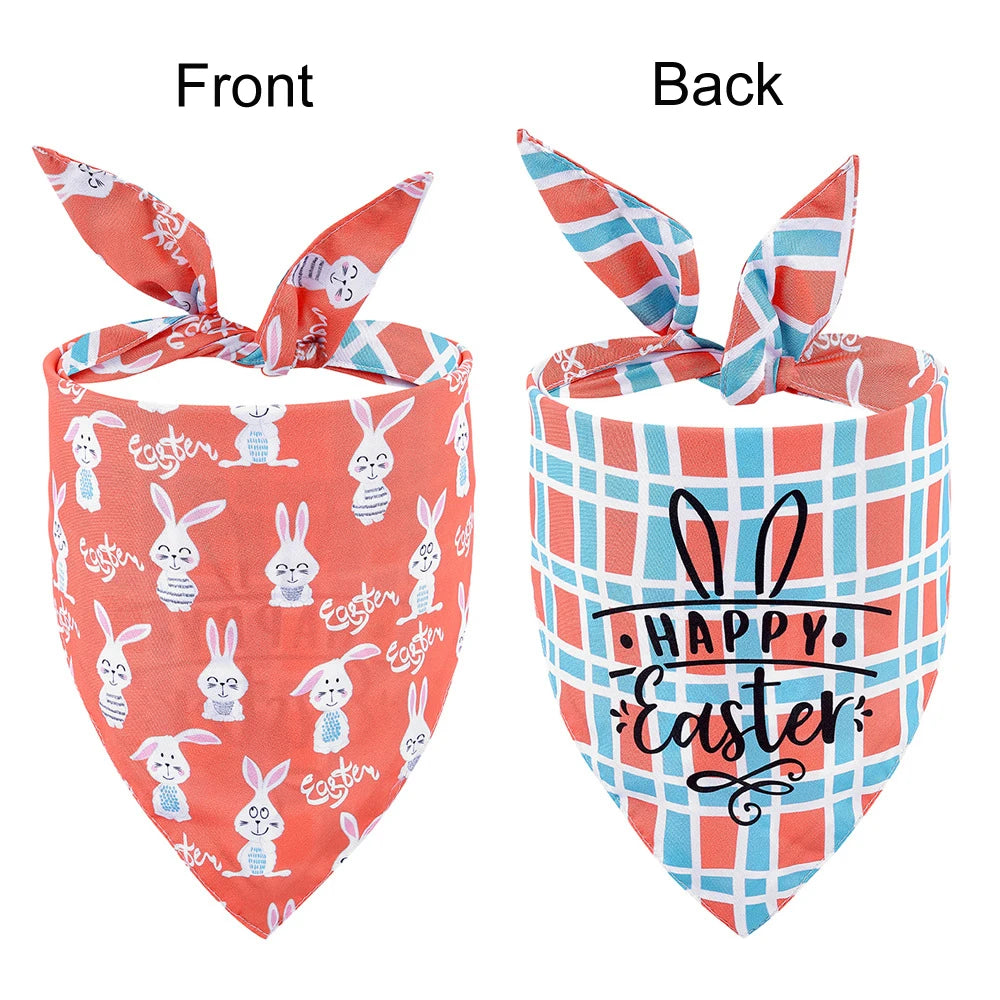 Front and back views of an Easter reversible dog bandana featuring bunny and egg prints on pink and blue fabric.