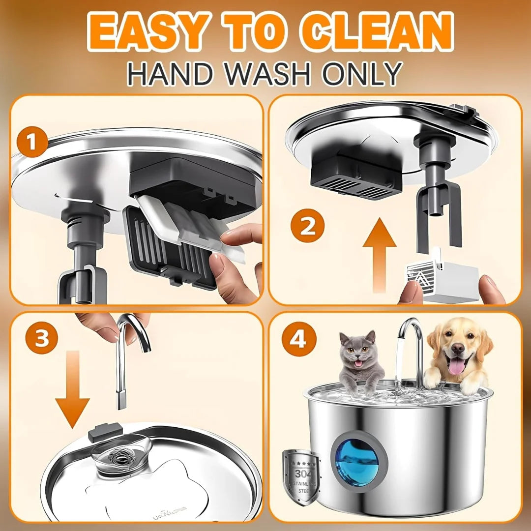 Stainless steel automatic cat water fountain with filter shown in four steps for easy cleaning and use