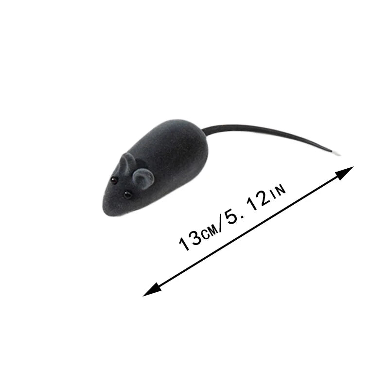 A black interactive squeaking mouse toy for cats shown with a measurement of 13cm or 5.12 inches.