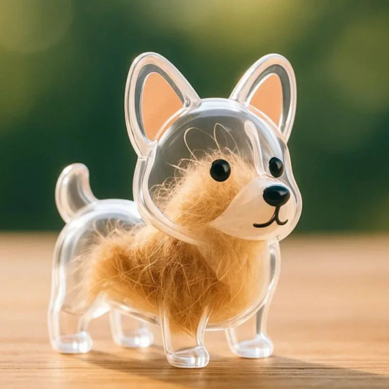 Klare Plastikfigur eines Hundes mit flauschigem braunem Fell als Schlüsselanhänger für Tierhaare