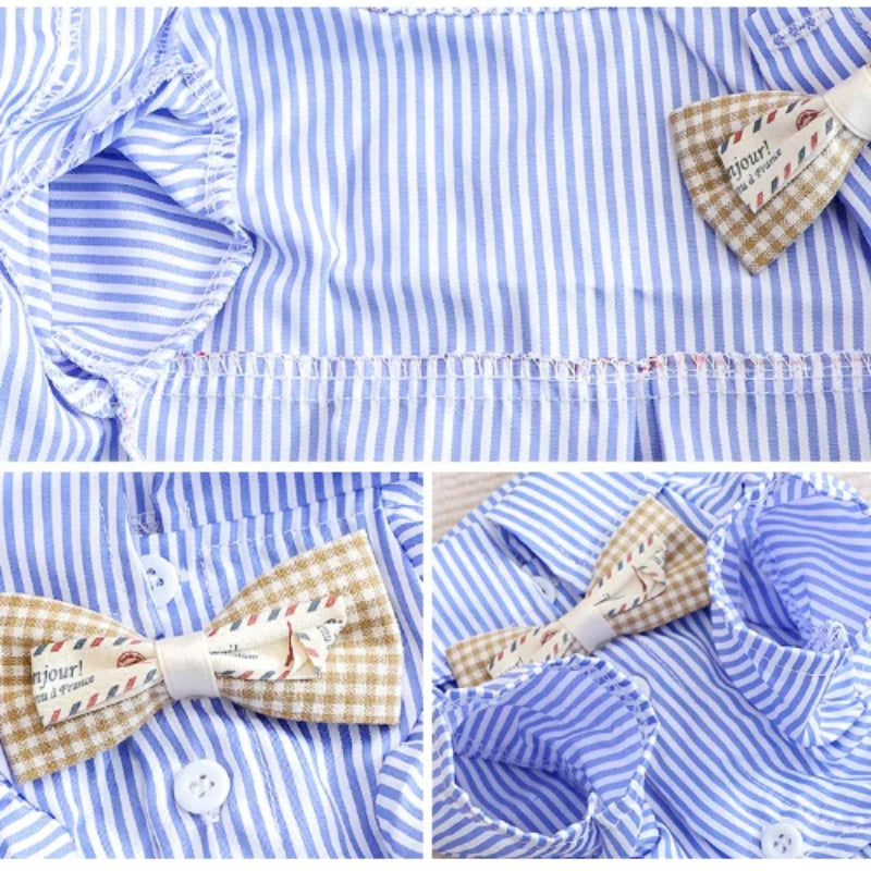 Light blue and white striped shirt with a tan bowknot detail for a small dog