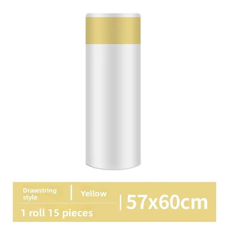 A roll of yellow drawstring trash bags with handles, measuring 57x60cm.