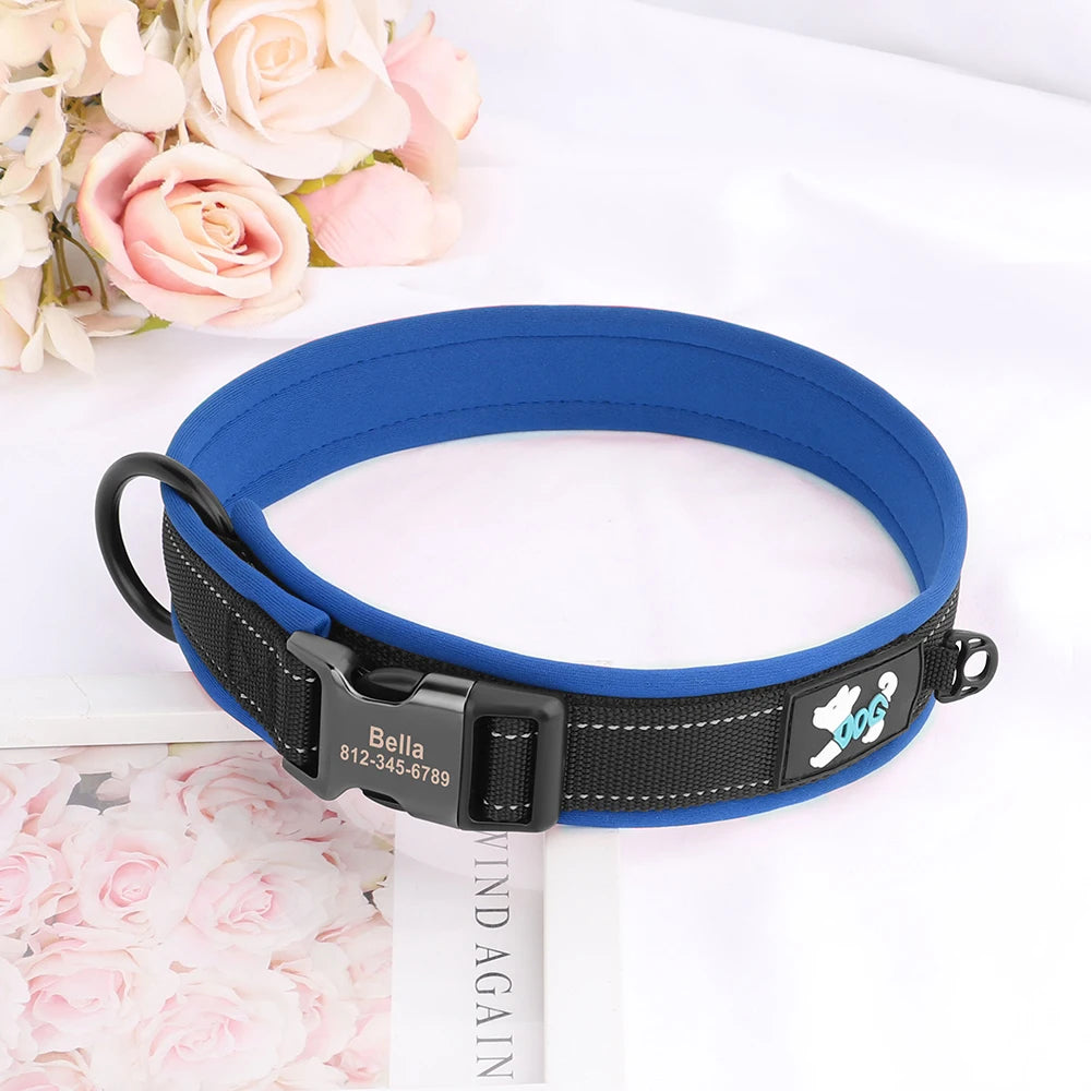 A blue and black reflective dog collar with a buckle and a dog silhouette tag is displayed on a white surface.