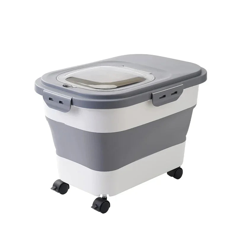A gray and white collapsible airtight pet food storage container with a sealed lid on wheels.
