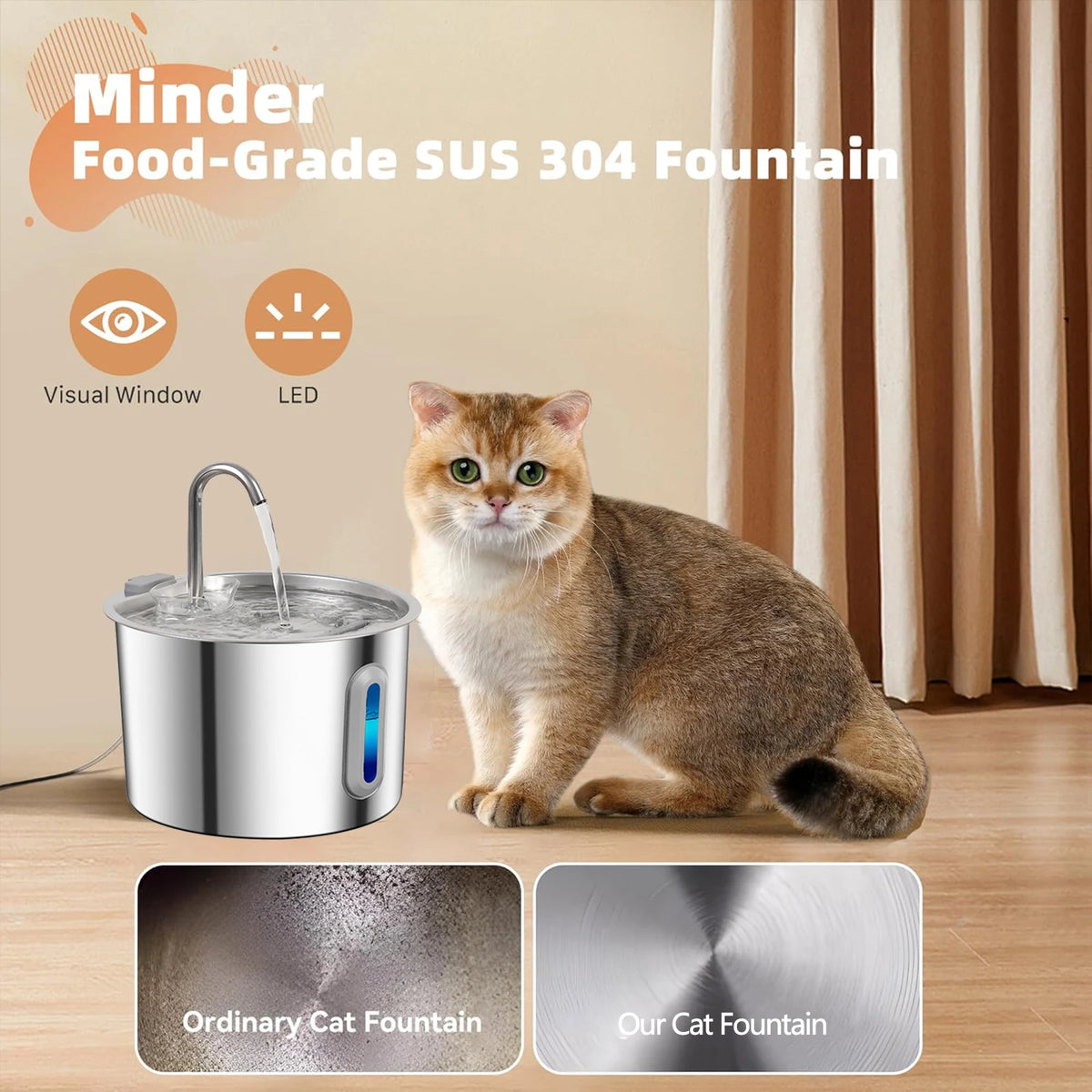 A brown cat sits next to a stainless steel food-grade SUS 304 cat water fountain.