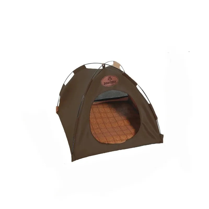 A brown foldable outdoor cat tent designed for pet comfort.
