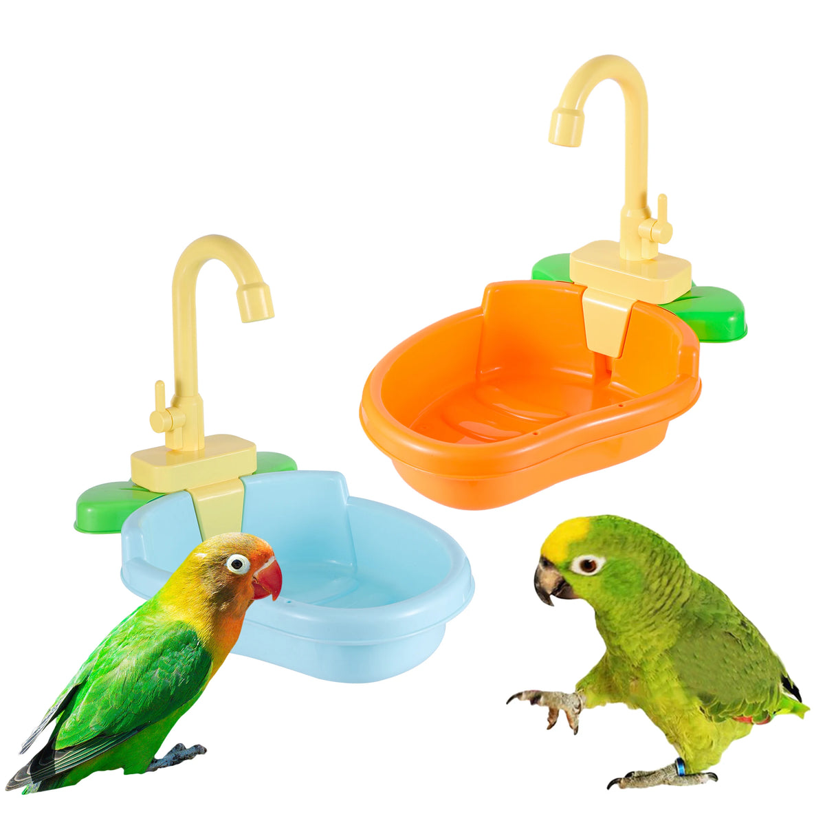 Automatic parrot shower and bird bath basin with a yellow faucet and orange basin, next to a green parrot.