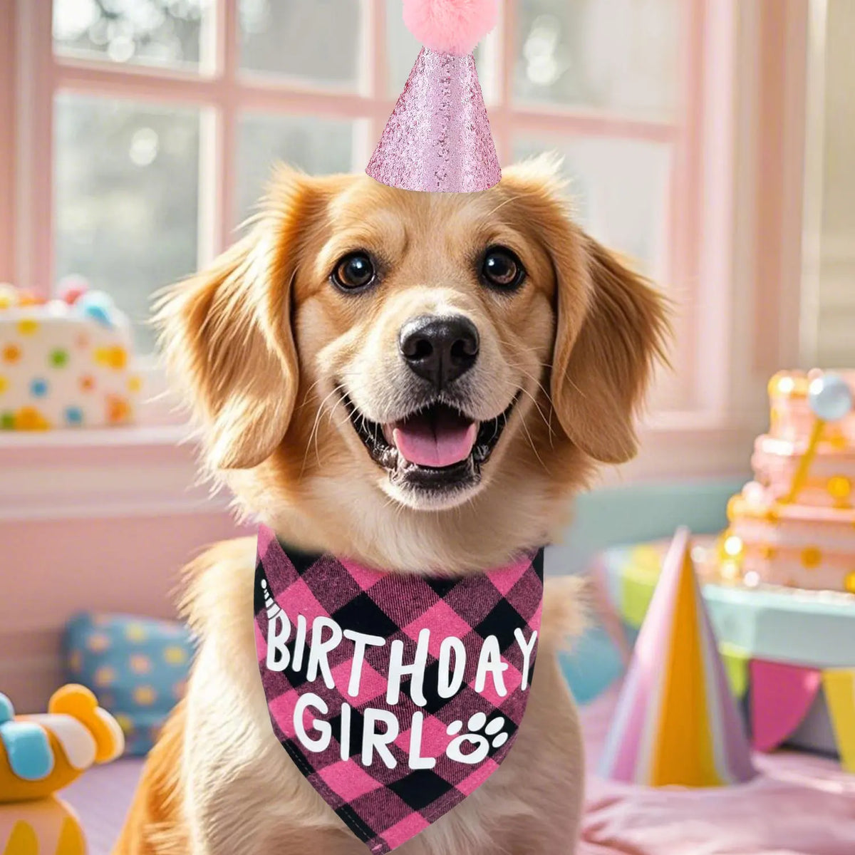 A happy golden retriever wearing a pink party hat and a plaid bandana for a birthday celebration.