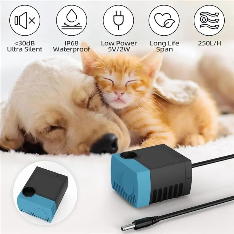A small blue and black submersible pump is shown next to a kitten and a dog, with various performance icons displayed.