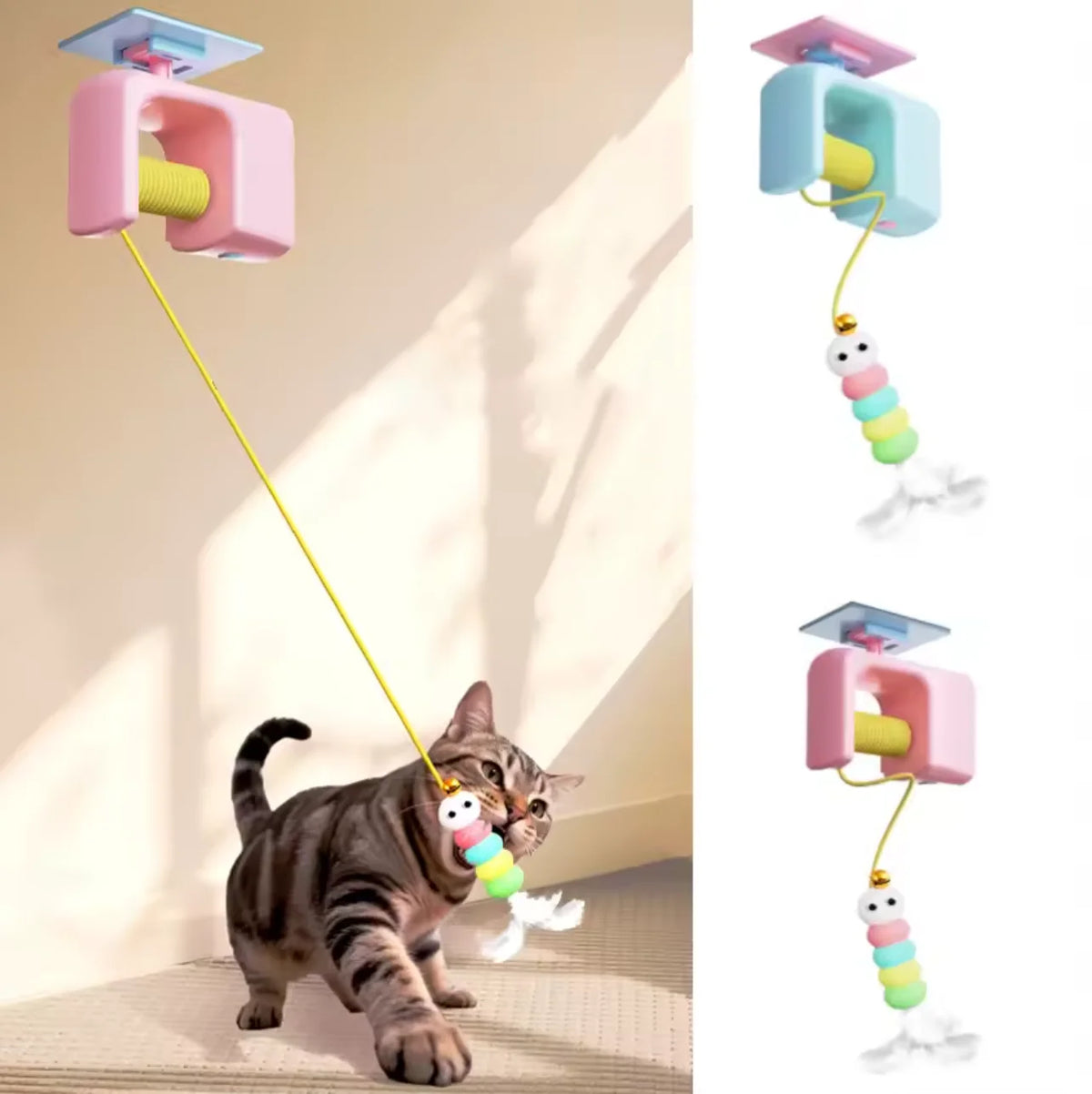 A tabby cat is playing with an automatic electric hanging toy that features a pink and blue mechanism.