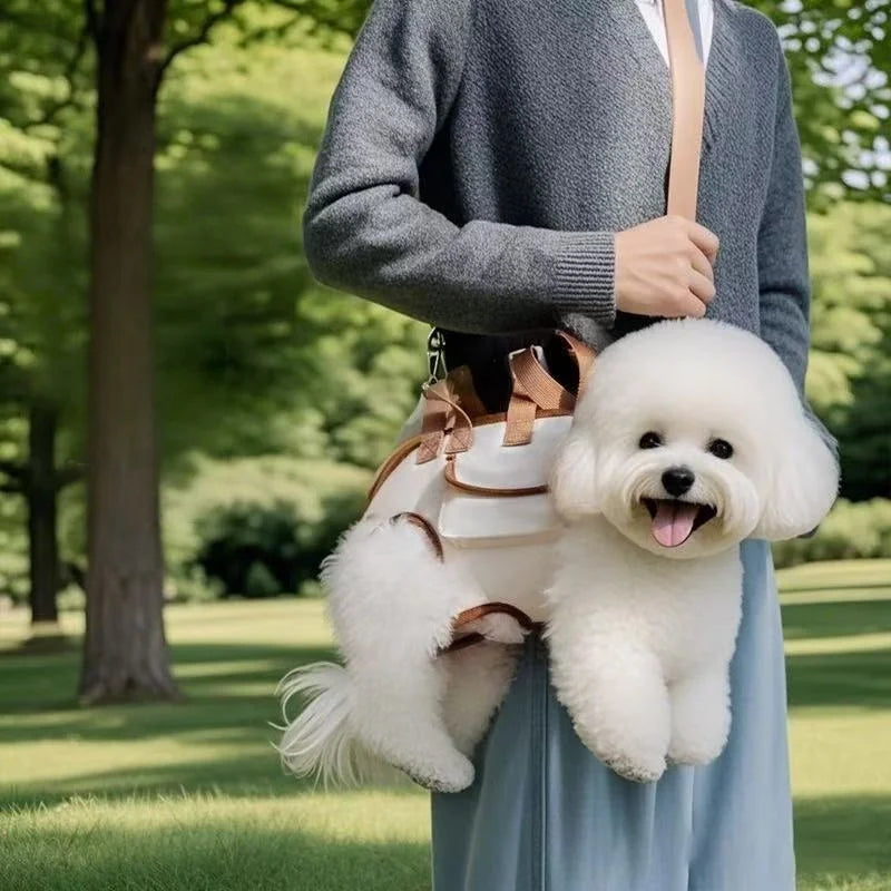 A person is holding a white fluffy dog in a breathable sling carrier while standing outdoors in a grassy park.