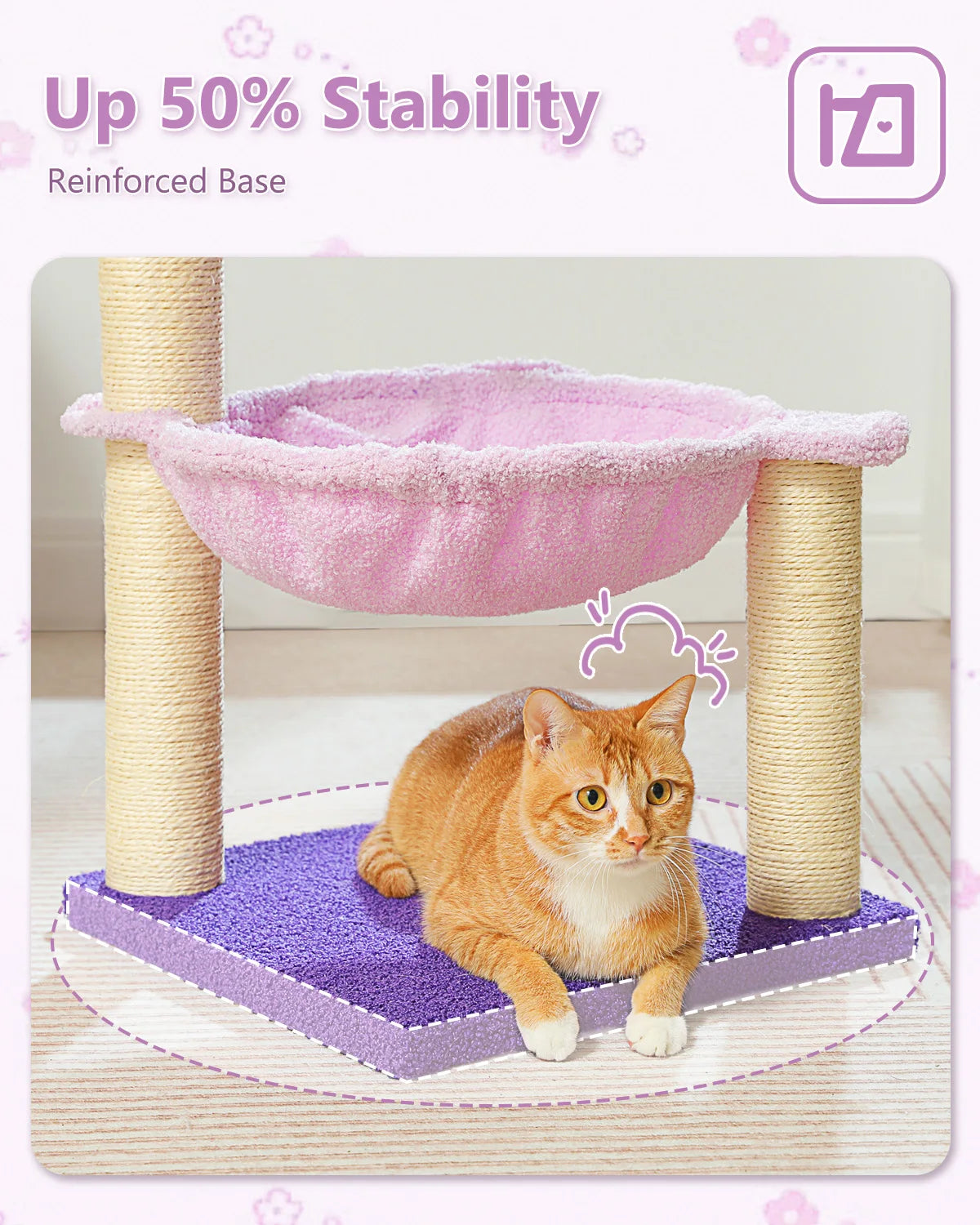 A pink flower cat tree with a reinforced base, featuring posts and a hammock for a cat to climb on.