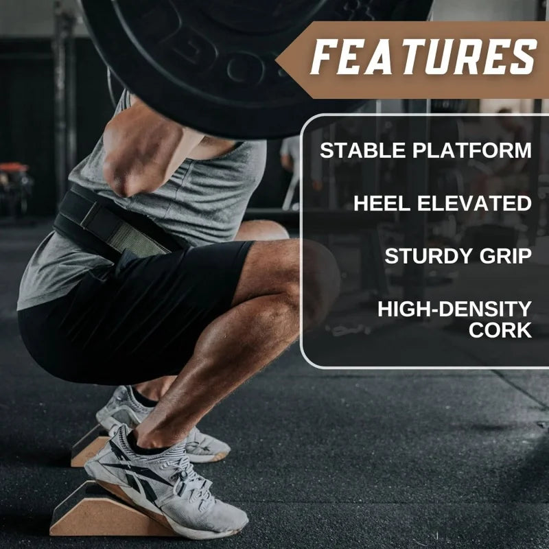 A person performing a heel elevated squat using an anti-slip cork wedge on the sole of their shoe.