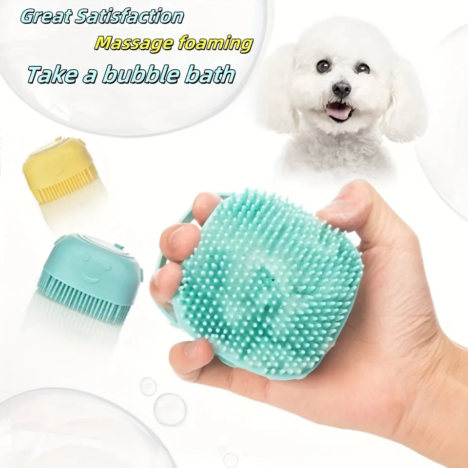 A hand holds a teal massage brush for pets, used to create a bubble bath.