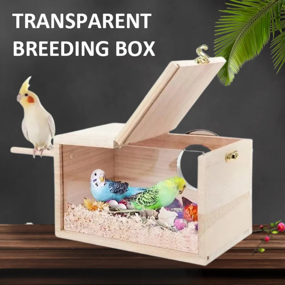A wooden bird breeding box with an open lid showing a small bird inside on a bed of sand.
