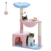 A pink and blue decorative cat tree with sisal scratching posts and a flower-shaped perch.