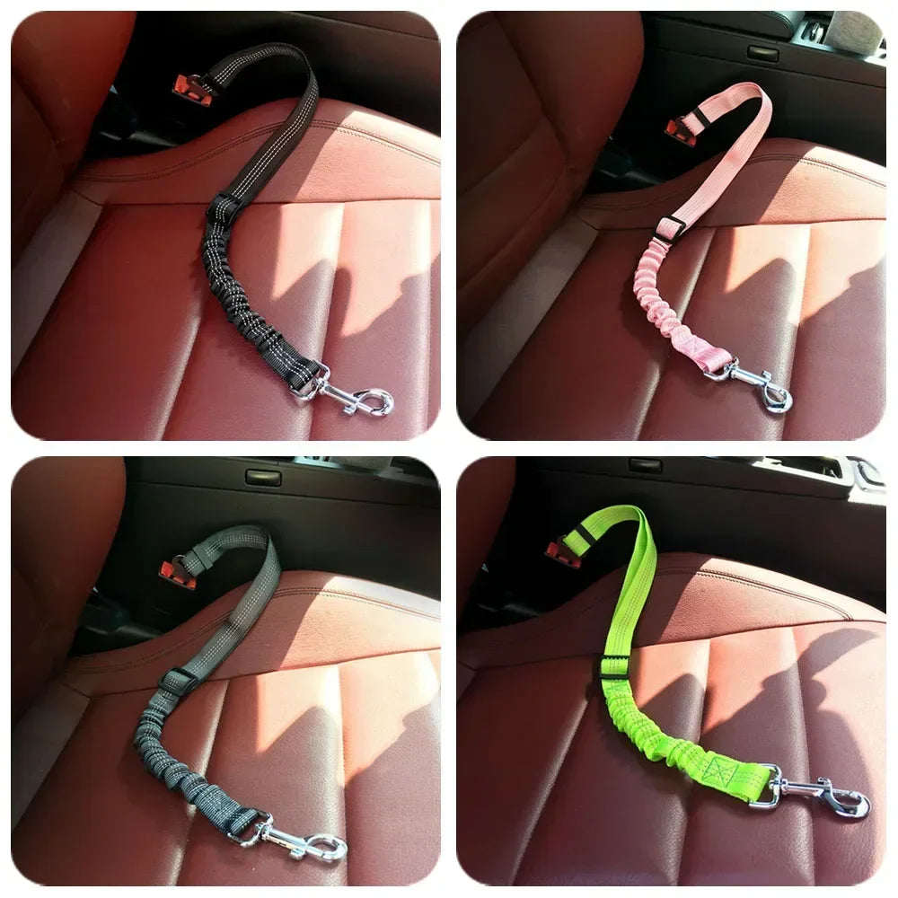 Three variations of a reflective dog car seat belt leash with shock-absorbing bungee in black, pink, and lime green.