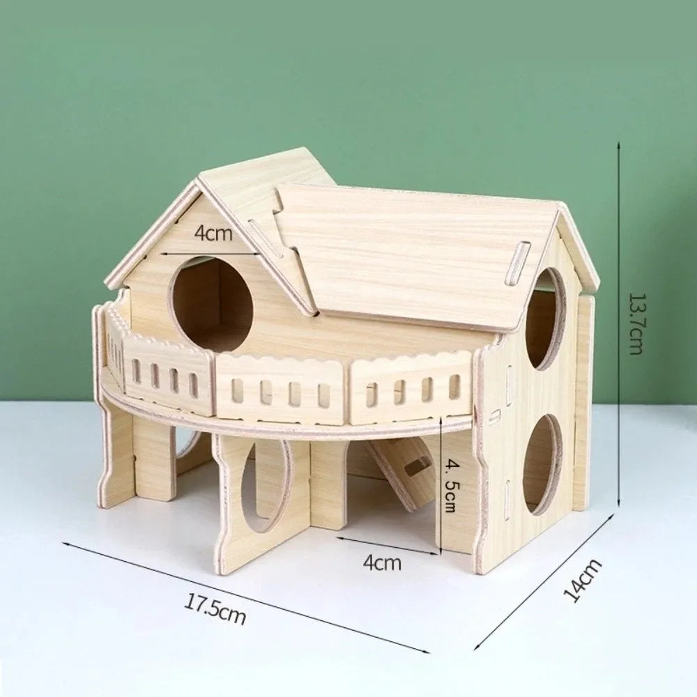 Natural Wooden Hamster Villa with Climbing Platform