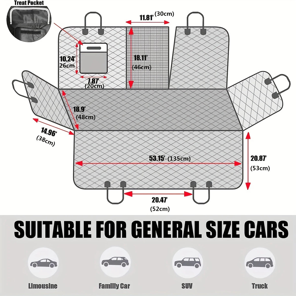 A waterproof dog car backseat cover with various sized pockets and a large main compartment suitable for general size cars.