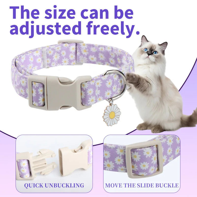 A light purple adjustable dog collar with a flower decoration shown alongside components for quick unbuckling and sliding the