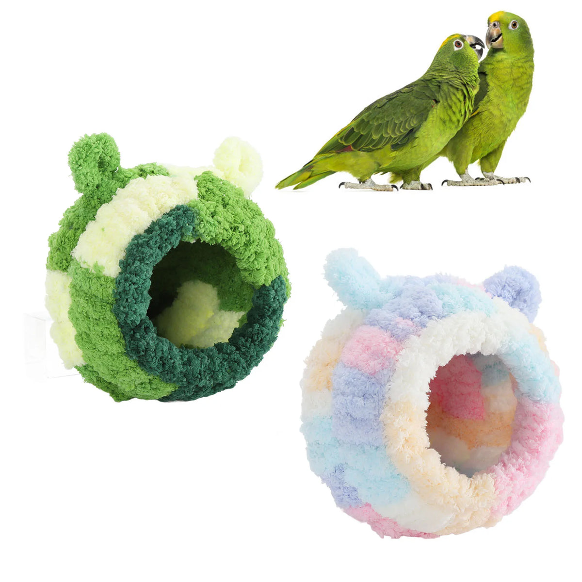 A green and white fuzzy bird nest bed with a hole, next to two green parrots.