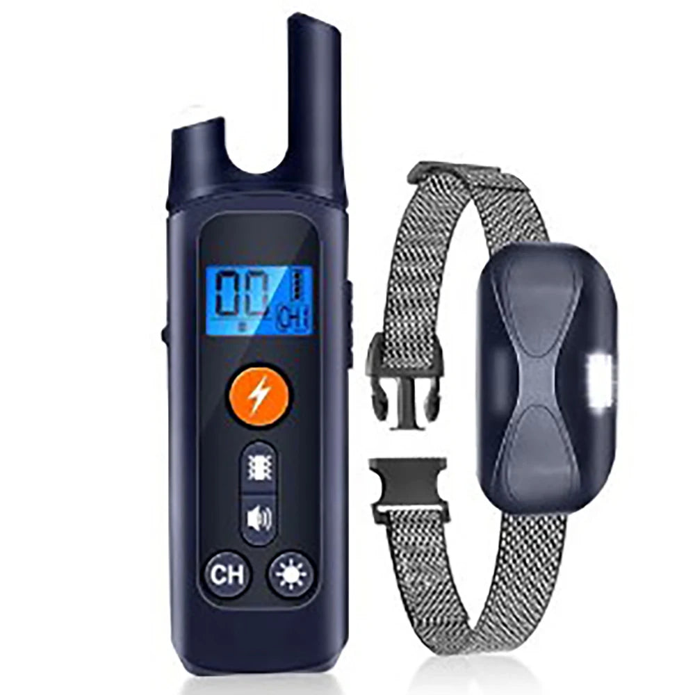 A dark blue long-range dog training collar with a remote control and various functions.