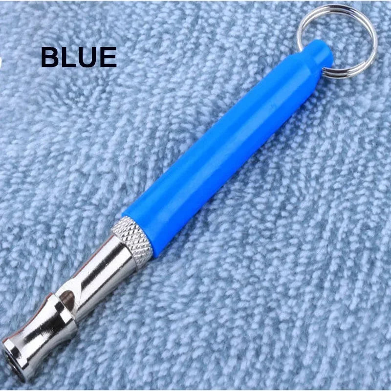 Blue ultrasonic dog training whistle with a silver tip and keyring loop