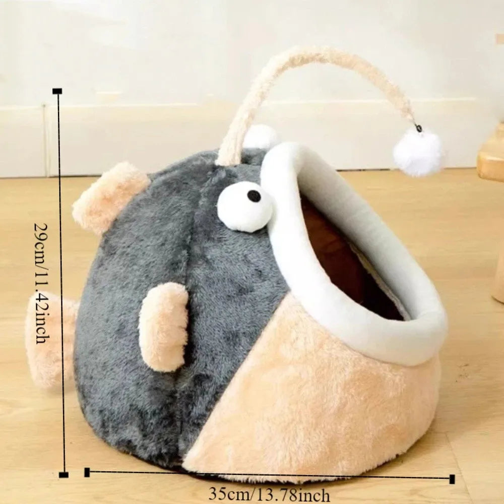 Cozy Cave Cat Bed with Lantern Fish Design