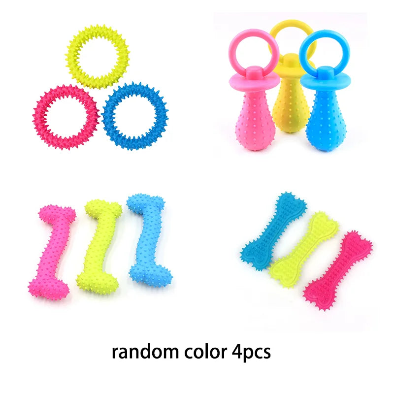 A set of four random color bone-shaped rubber chew toys for small dogs.