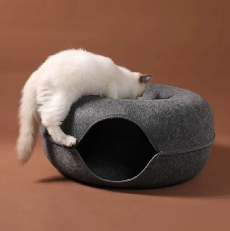 Un chat blanc se repose dans un lit pour deux chats en forme de donut gris.