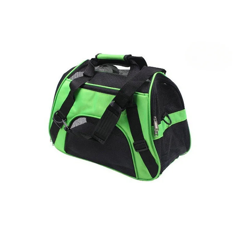 A bright lime green and black portable foldable pet carrier for cats, dogs, and puppies.