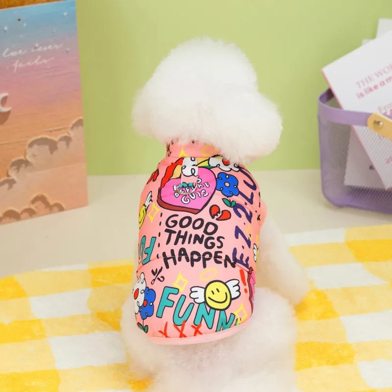 A fluffy white dog coat featuring a pink design with text and colorful graphics.