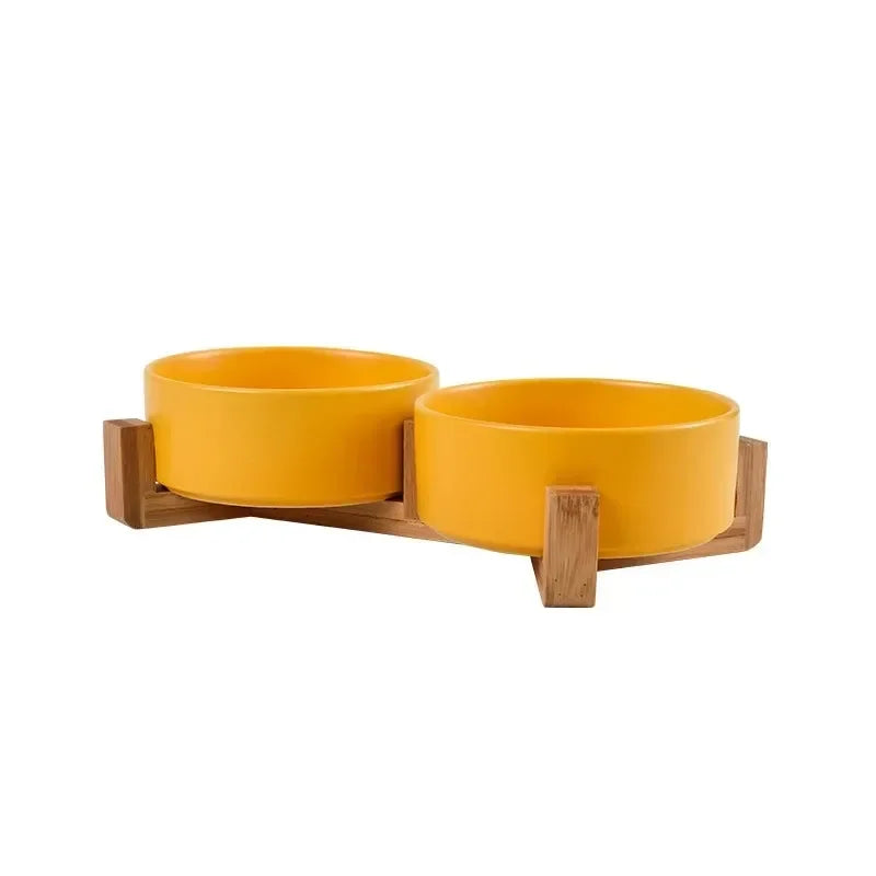 Elevated Ceramic Pet Bowl with Wooden Stand
