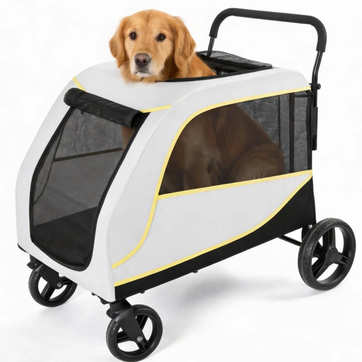 A white and black all-terrain dog stroller with a mesh enclosure and a brown dog resting inside.